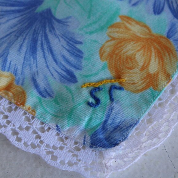 Vintage 1980s Handkerchief, Cotton Floral Print, Monogrammed JS, Blue and Yellow - Picture 7 of 10